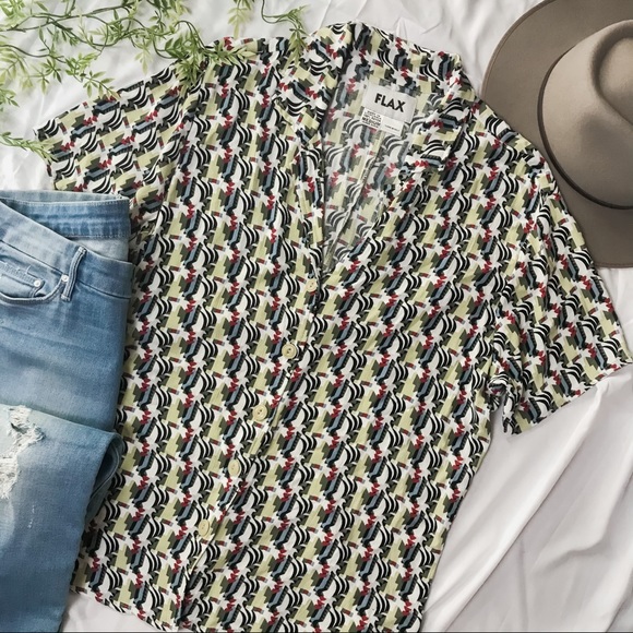 🎀 Flax Abstract Print Button Down Boxy Tee - Picture 1 of 4